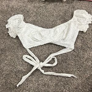 white cropped cross body tie top with shoulder blouse like sleeves so cute